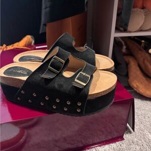 Black Suede Slide platforms Sandals with Buckles